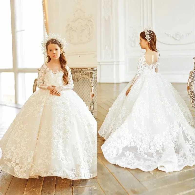 Luxurious White Long Sleeve Flower Girl Dresses For Wedding Prom Party Girls Pageant Lace Floral Appliques First Communion Gowns Z250926