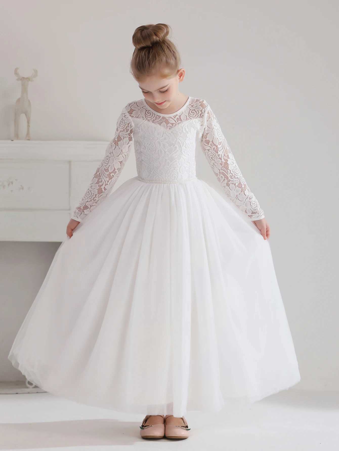 Girls Teenage Long Sleeve Lace Dress Wedding White Bridesmaid Evening Gown Long Dress Z250926