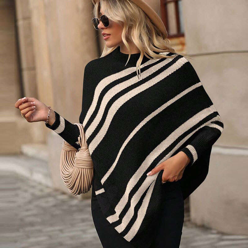 Half High Neck Pullover Striped Color-Block Shawl Cape Loose Knitted Batwing Sleeve Sweater for Women