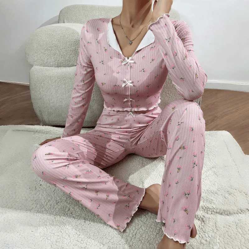 Floral Print Womens Loungewear Set Casual Long Pants With Long Sleeves Suitable For Wearing Outside As Pajamas Z250925