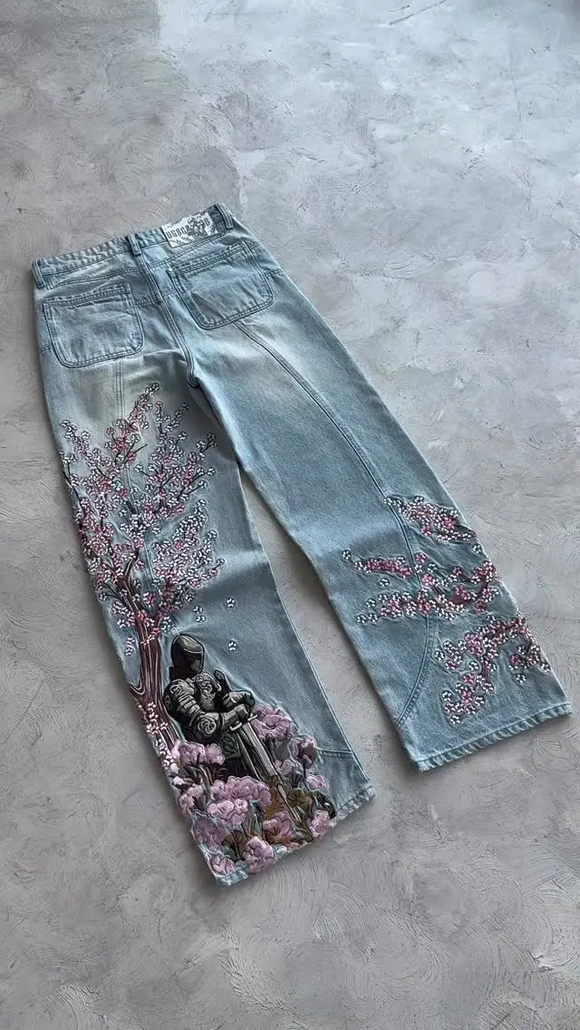 Men Women Cherry Blossom Knight All Embroidery Denim Pants Y2k Vintage Baggy Street Straight Jeans High Waisted Washed Blue Jeans 250926