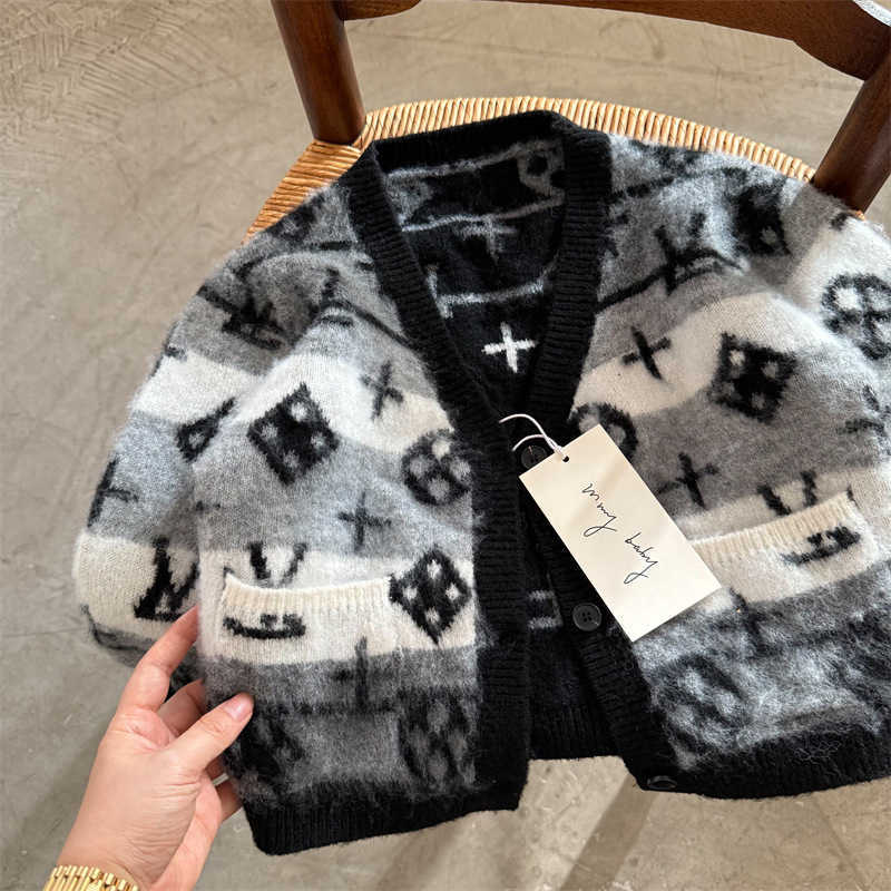 Childrens Sweater 2025 Autumn Korean Version New Boys and Girls Jacquard Vneck Sweater Baby Versatile Knitted Cardigan Trendy Y250925
