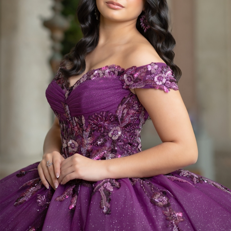 Purple Shiny Quinceanera Dresses Off The Shoulder Applique Lace Beading Crystal Corset Tull Party Birthday Sweet 16 Dress Vestidos 15 De Anos
