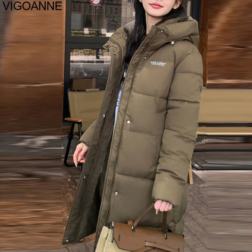 VigoAnne 2025 Winter Zipper Hooded Down Long Coat Korean Women Long Sleeve Pocket Solid Loose Jacket Lady Thick Warm Outwear 250917