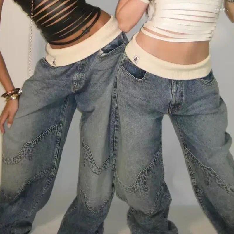 Women's Jeans Retro Splicing Y2K Street Style Washed Blue Neutral Straight Hip Hop Loose Design Casual Pants Z260313