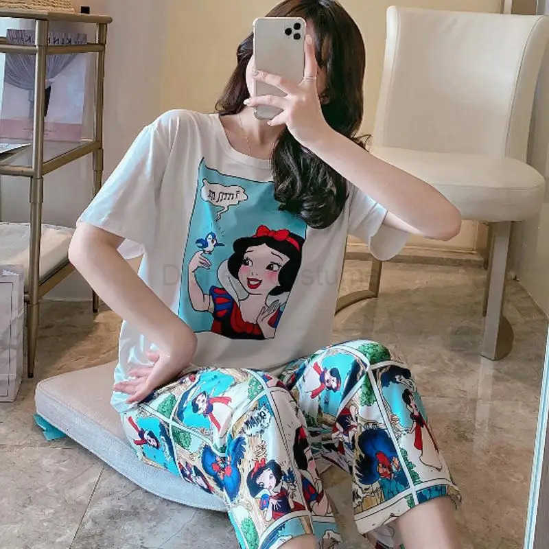 Disney Summer Pooh Bear Sleepwear Womens Loose Comfortable Cartoon Print Home Clothes Set Short Sleeve Nightshirt Mickey Pajama Set H250926