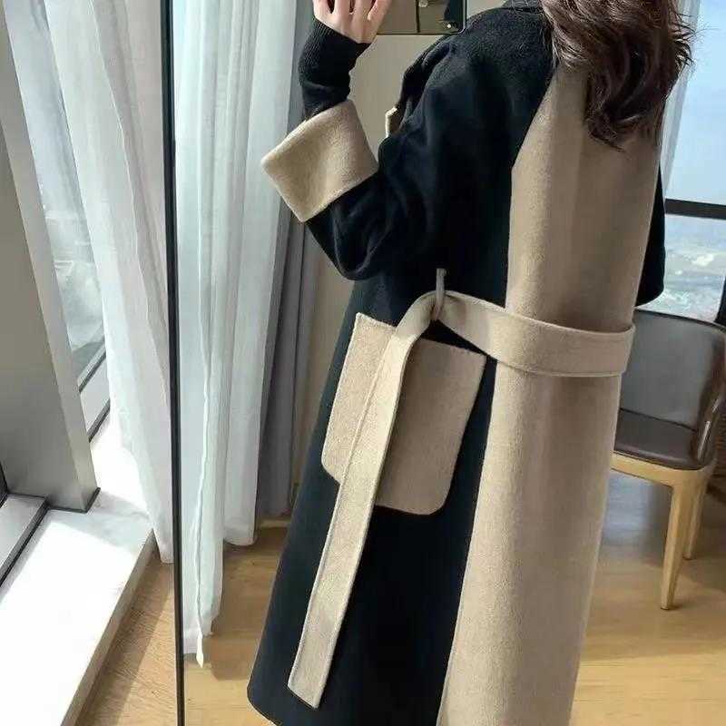 Hepburn Sle Woolen Coat for Women Long 2025 Winter New HighEnd Elegant Slimming ColorBlock Woolen Overcoat for Women W250926