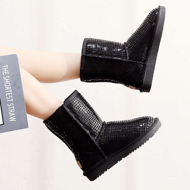 Snow Boots for Women, Mid-Calf, Waterproof, Non-Slip, Sheepskin, Warm, Fleece-Lined, Thickened, Loafers, Women's Cotton Shoes