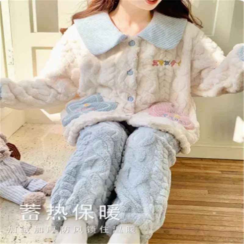 2024 New Coral Fleece Pajamas Women Thick Suit Lapels Cartoon Sweet Girls Flannel Loungewear Casual Warmth Famale Sleepwear Sets Z250925