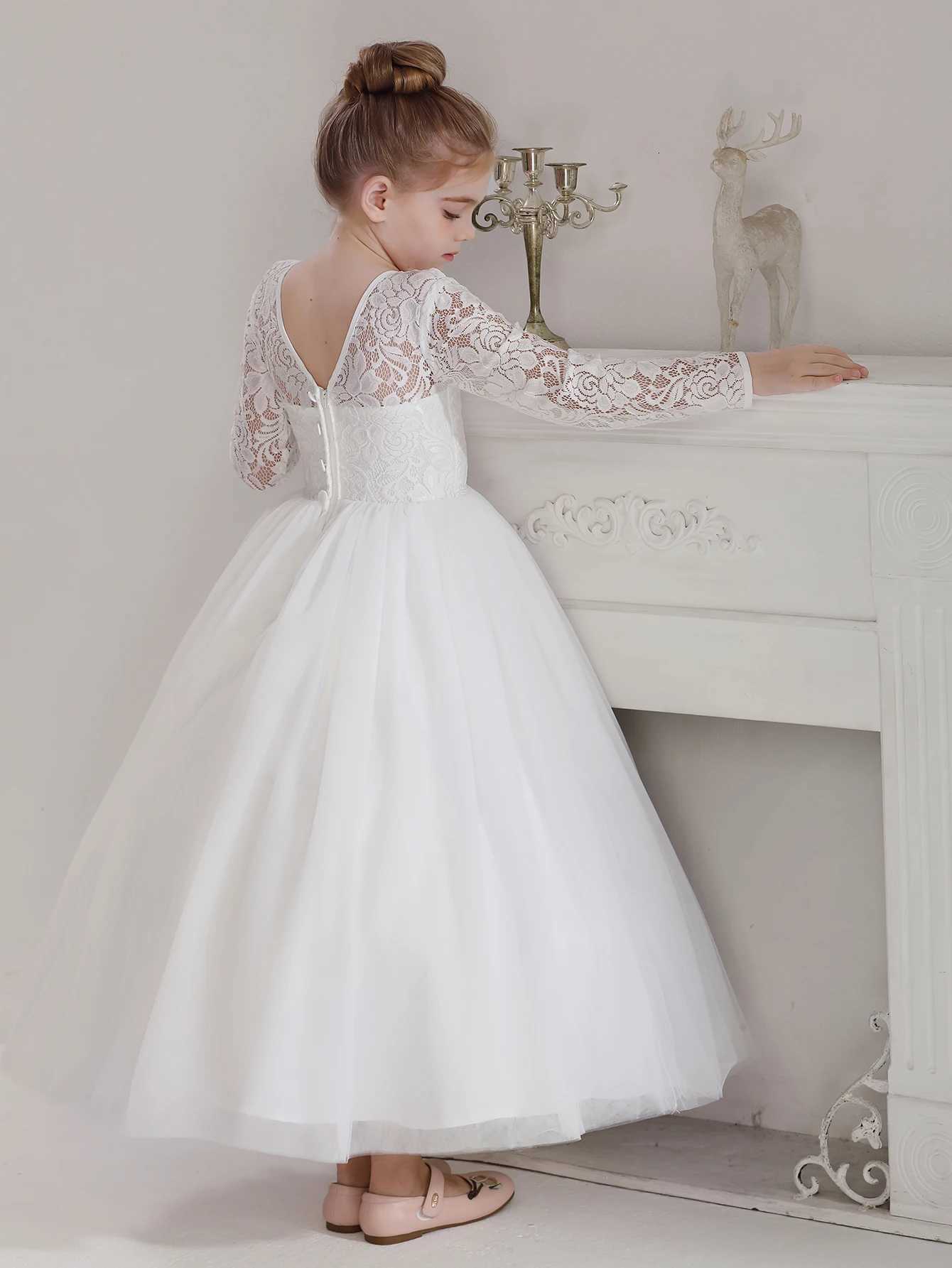 Girls Teenage Long Sleeve Lace Dress Wedding White Bridesmaid Evening Gown Long Dress Z250926