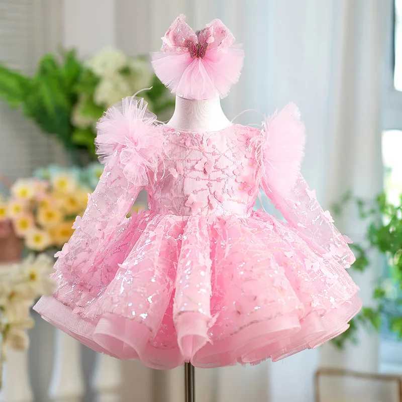 Luxury girls party dress long sleeved sequined butterfly mesh dress one year old birthday gift elegant dress for girls aged Z250926