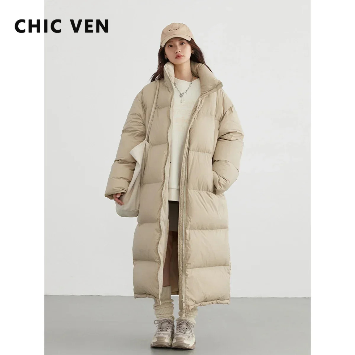 CHIC VEN Women Down Jackets Fashion Solid Standing Collar Warm Long White Duck Down Loose Coat for Women Autumn Winter 250917