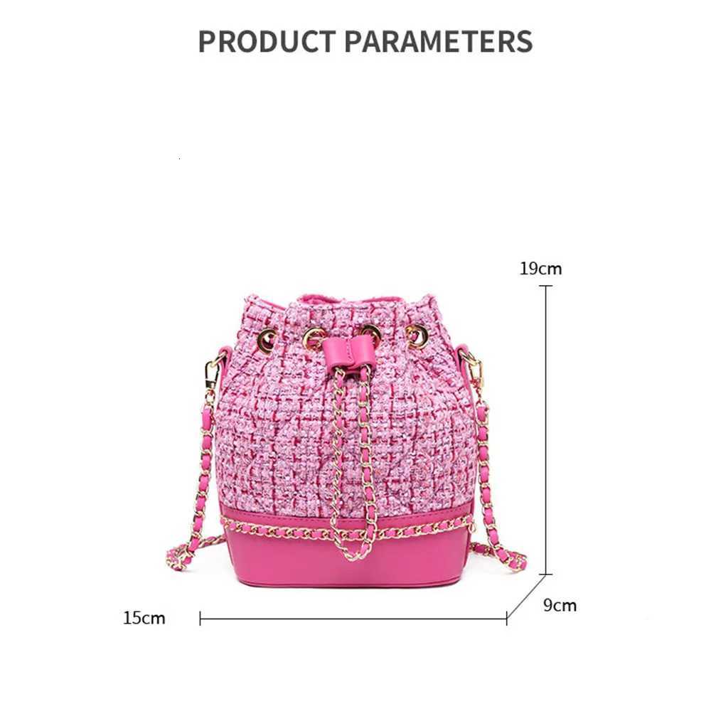 Fashionable Pink Tweed Bucket Bag for Women Contrast Plaid Cute Small Crpssbody Bags Female Daily Commute Messenger Chain Pack Z250926