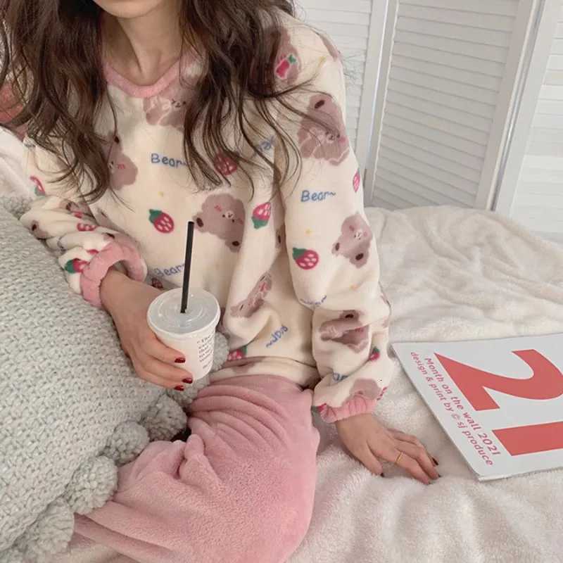 Winter Pajamas Round Neck Long Sleeve Cartoon Bear Warm Sleepwear for Winter Thickened Big Size Pajamas Coral Fleece TwoPiece Z250925