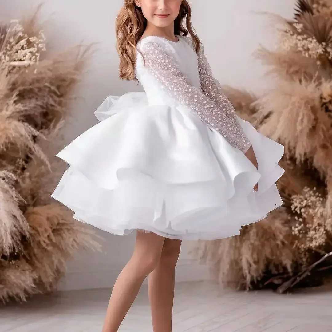 White Baby Girl Dress Bow Puffy Dresses For Girls High Collar Bow Communion Dress Knee Length Flower Girl Dresses Kids Dresses Z250926