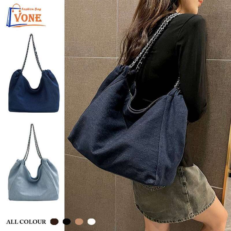 Vone Tote Fashion Hundred Chain Shoulder Women Solid Color High Quality Versatile Denim Bag