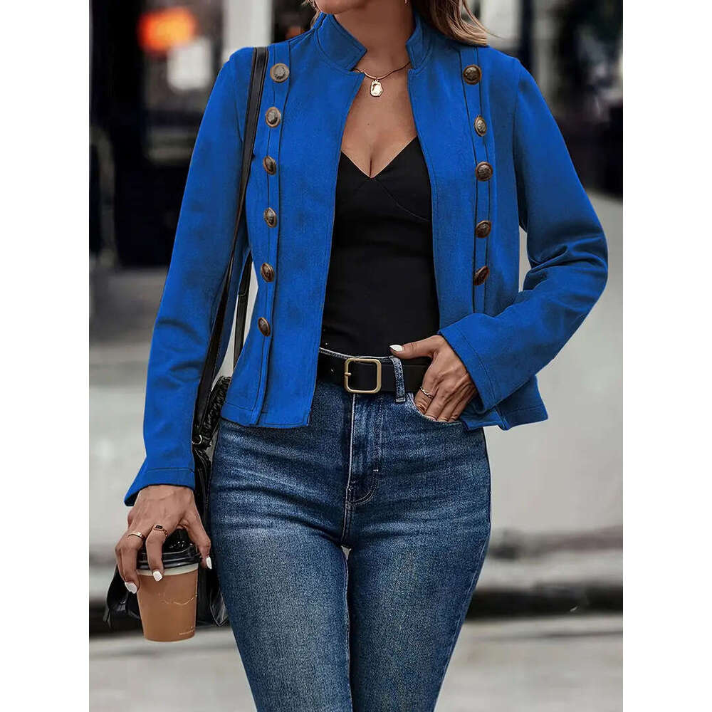 2025 European and American Cross-Border Solid Color Double Row Metal Button Decorated Suede Vintage Long Sleeve Jacket