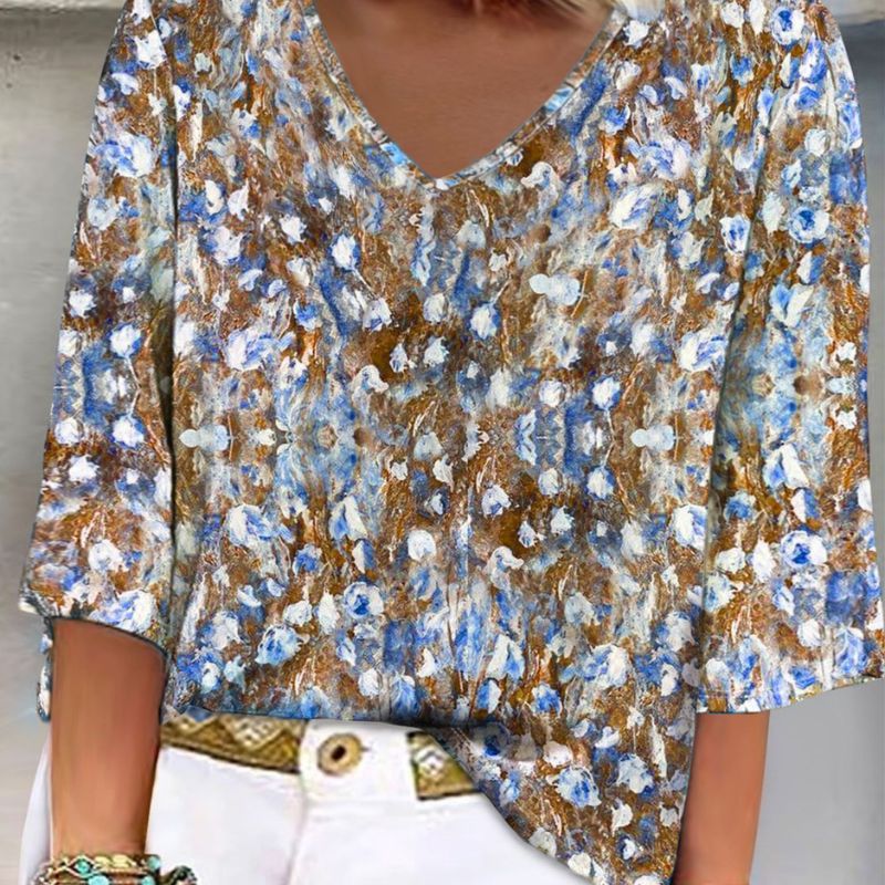 Women's Autumn New Elegant Small Floral Printed Top, Plus Size (1XL - 5XL) Milk Silk Casual Vacation & Commute Blouse-YL23457