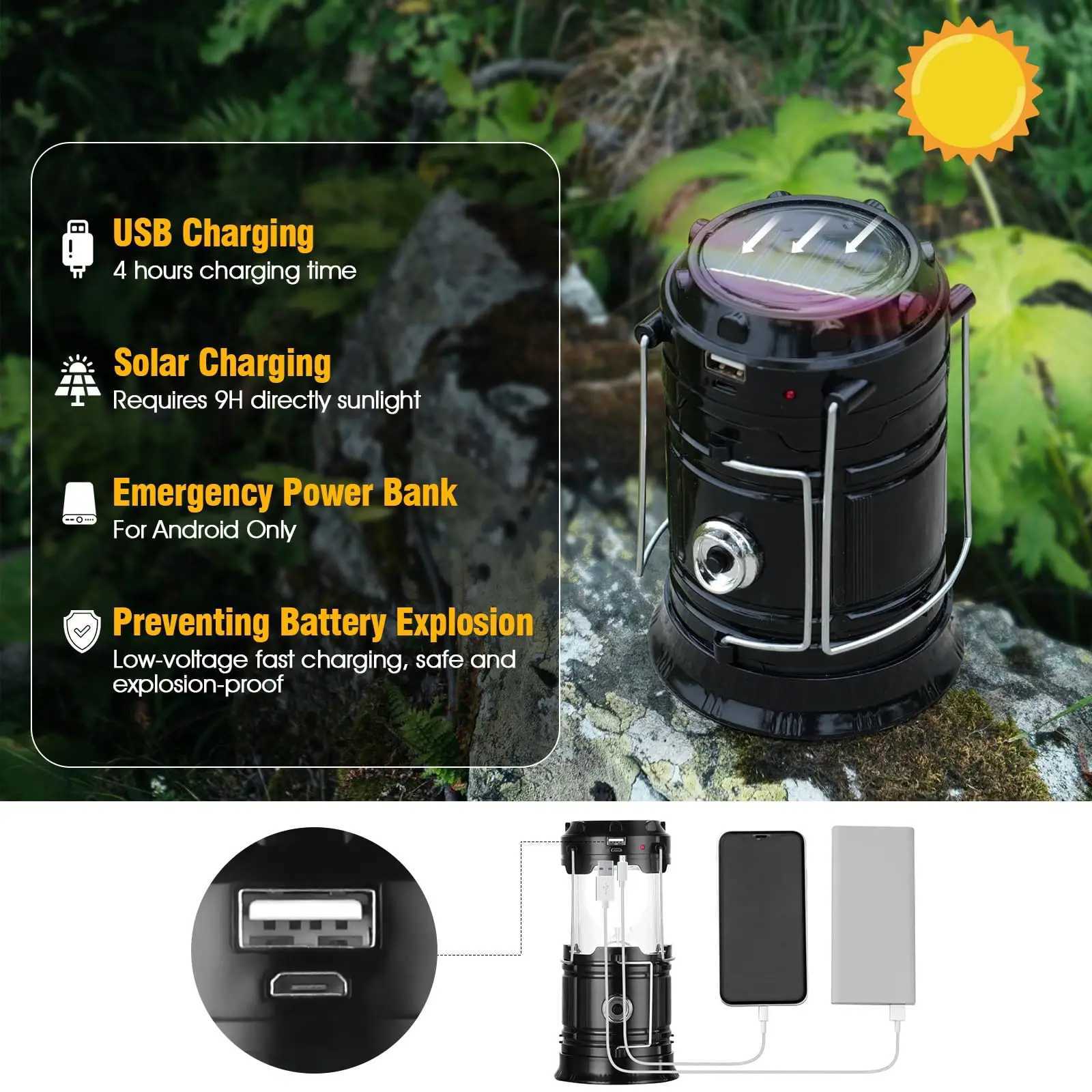 14pc Solar Camping Lantern USB Rechargeable Lamp Power Bank Portable Waterproof Solar Lights for Indoor Outdoor Emergency Light C250925