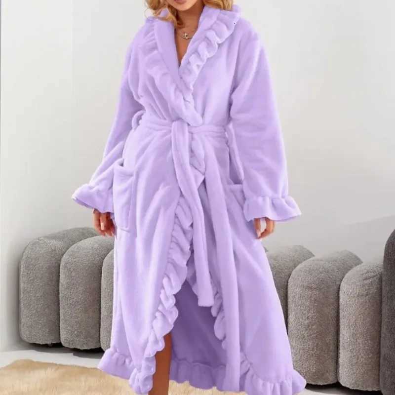 Womens Long Warm Robe Home Wear 2025 Autumn and Winter Coral Velvet Thickened Bathrobe Casual Soft Solid Lace Up Loungewear Z250925