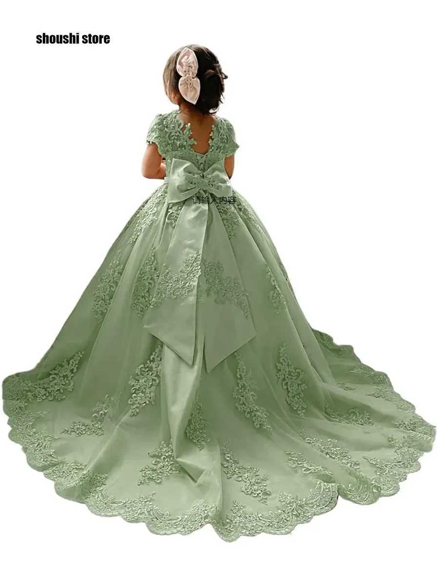 Girls Princess Flower Girl Dresses for Wedding With Bowknot Beaded Appliques Pageant Dress Kids Long Train Wedding Party Gowns Z250926