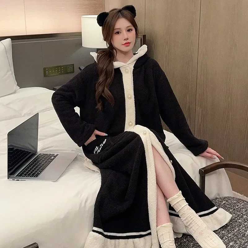 Hooded Nightgowns Women Coral Fleece Nightwear Chic Homewear Panelled Korean Fashion Single Breasted Daily Winter Cozy Sleepwear Z250925
