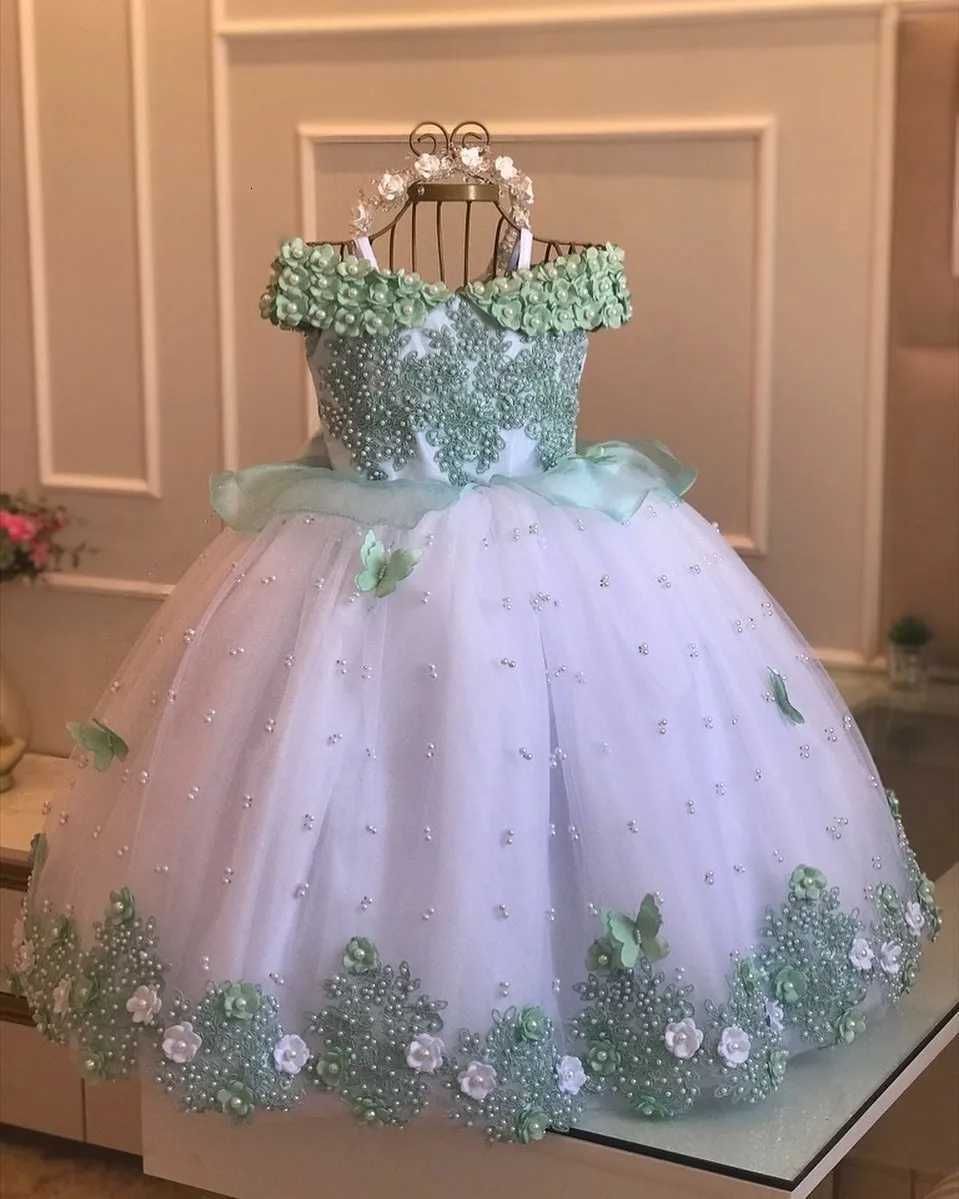 White Green Flower Girl Dress For Wedding Applique Tulle Short Sleeve Pearl Princess Kids Birthday First Communion Ball Gown Z250926
