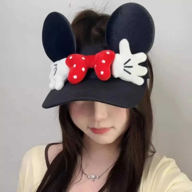 Disney Cute Cartoon Mickey Minnie Bowknot Visor Empty Top Sun Hat The Face Look Smaller Travel Leisure Work Cap For Girl Birthday Gifts H250926