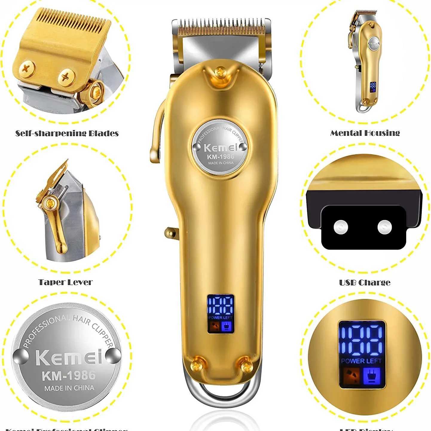 Kemei 1986 All Metal Barber Professional Hair Clipper Electric Cordless LCD Hair Trimmer Gold Silver Men Hair Cutting Machine R250926
