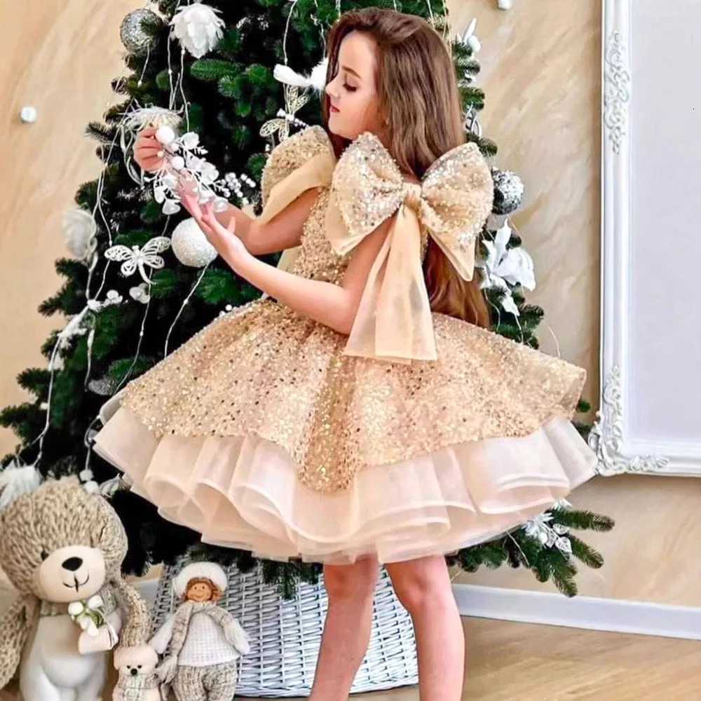 Sequin Flower Girl Dress Sparkly Tulle Princess Gown With Bow Cape Kids Girls Clothes First Communion Formal Occasion Birthday Z250926