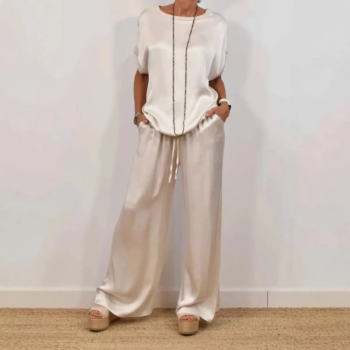 Casual Loose Satin T Shirt Pants Two Piece Set Fashion Oneck Short Sleeve Shirts Suit Spring Summer Wide Leg Pant Sets 250906