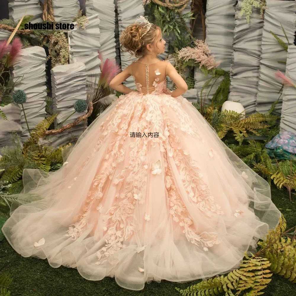 Light Pink Tulle Flower Girl Dresses Half Sleeve with Bow Princess Gowns for Wedding Birthday Party Banquet Kids Formal Dres Z250926