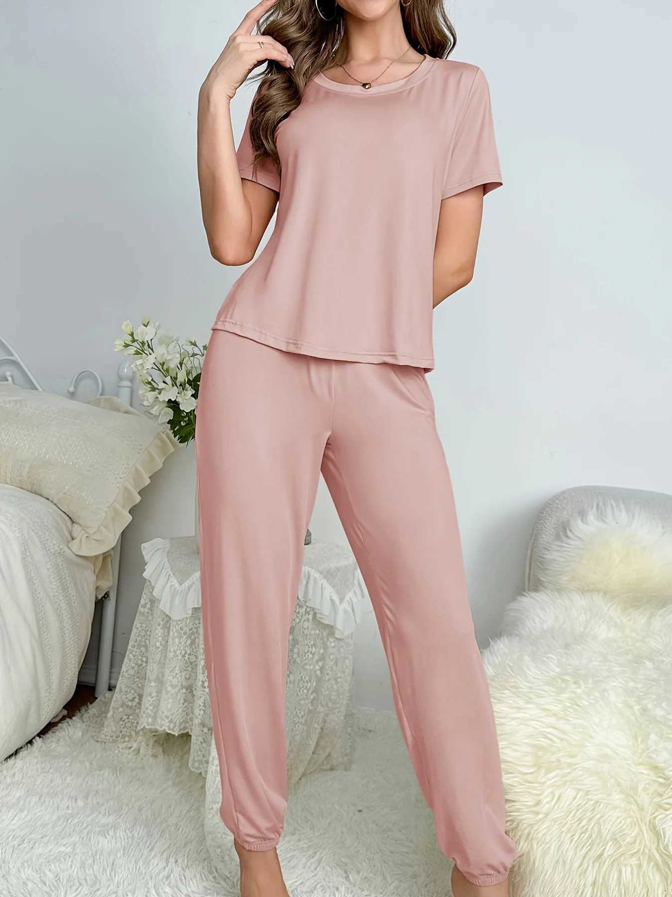 Womens new style pajamas short sleeve trousers elegant casual twopiece solid color home wear Z250925