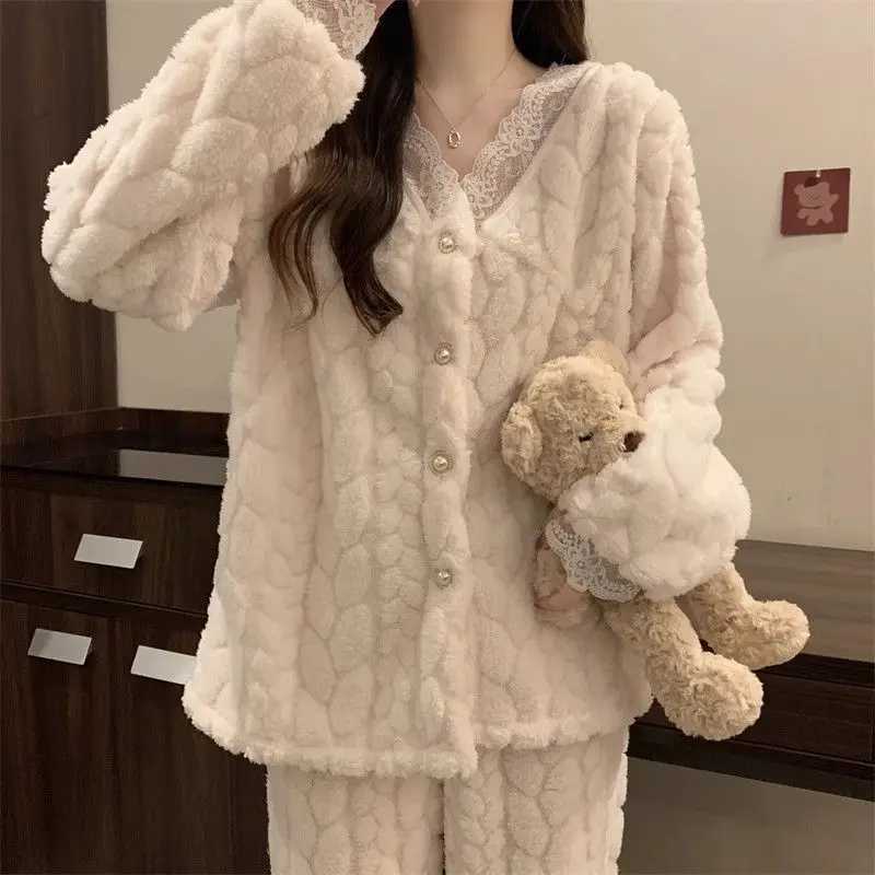 Autumn Winter Flannel Womens Pajamas Sets Contrast Lace Hollow Out 2pcs Sleepwear Velvet Homewear Sweet Vneck Cardigan Pyjama Z250925