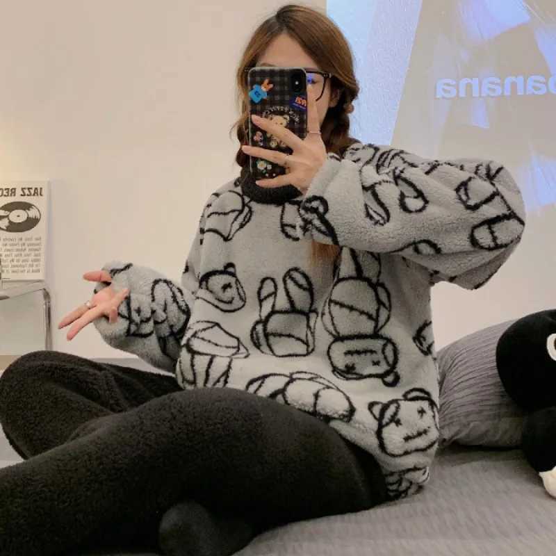 Thickened Warm Flannel Women Pajamas Loungewear Striped Top and Trousers Large Size Sleepwear Homewear Nightwear Cartoon Rabbit Z250925
