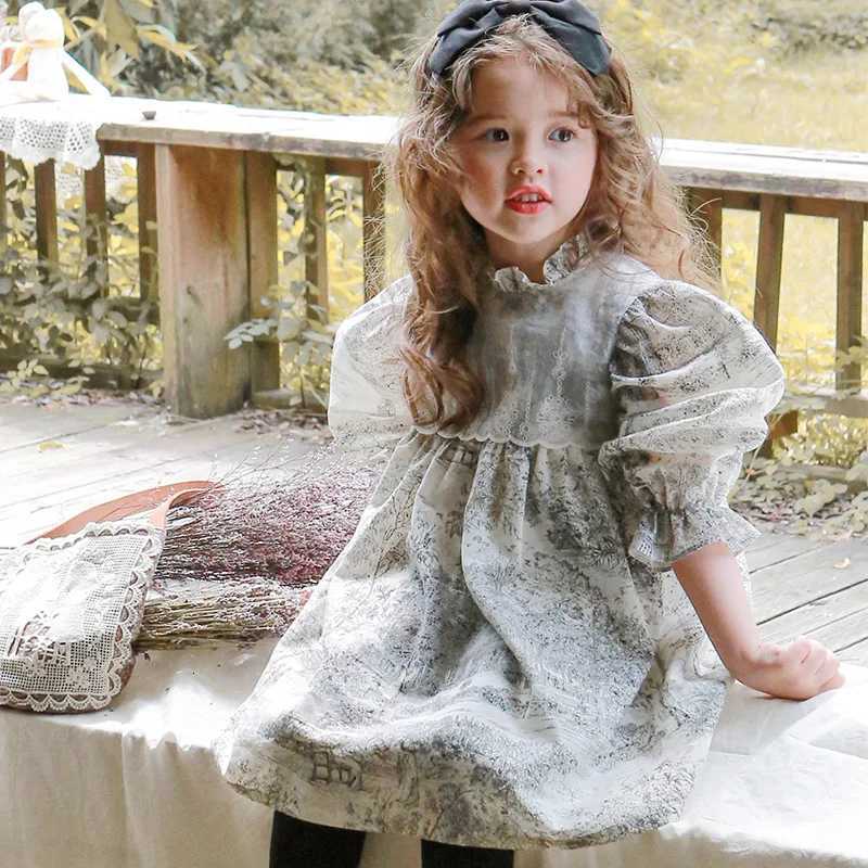 Autumn Infant Baby Girl Dress Ins Korean Bubble Sleeve Roundneck Toddler Kids Girls Dress Watercolor Painting 28Y Girls Dress Z250926