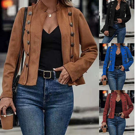 2025 European and American Cross-Border Solid Color Double Row Metal Button Decorated Suede Vintage Long Sleeve Jacket