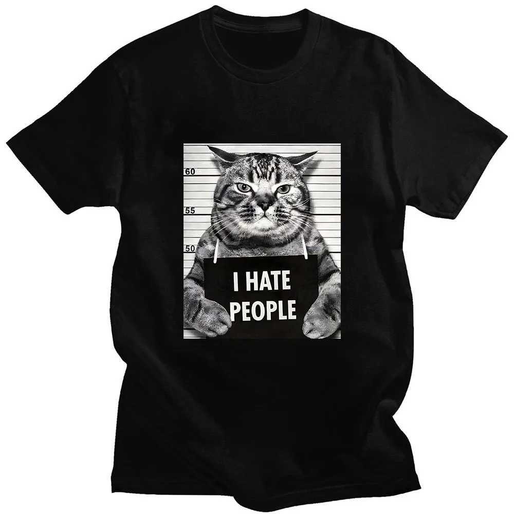 I Hate People Meow Print Tshirt Fun Cat Print T Shirts Loose Street Short Sleeve FemaleMale 100 Cotton Clothing Casual Tshirt L250926