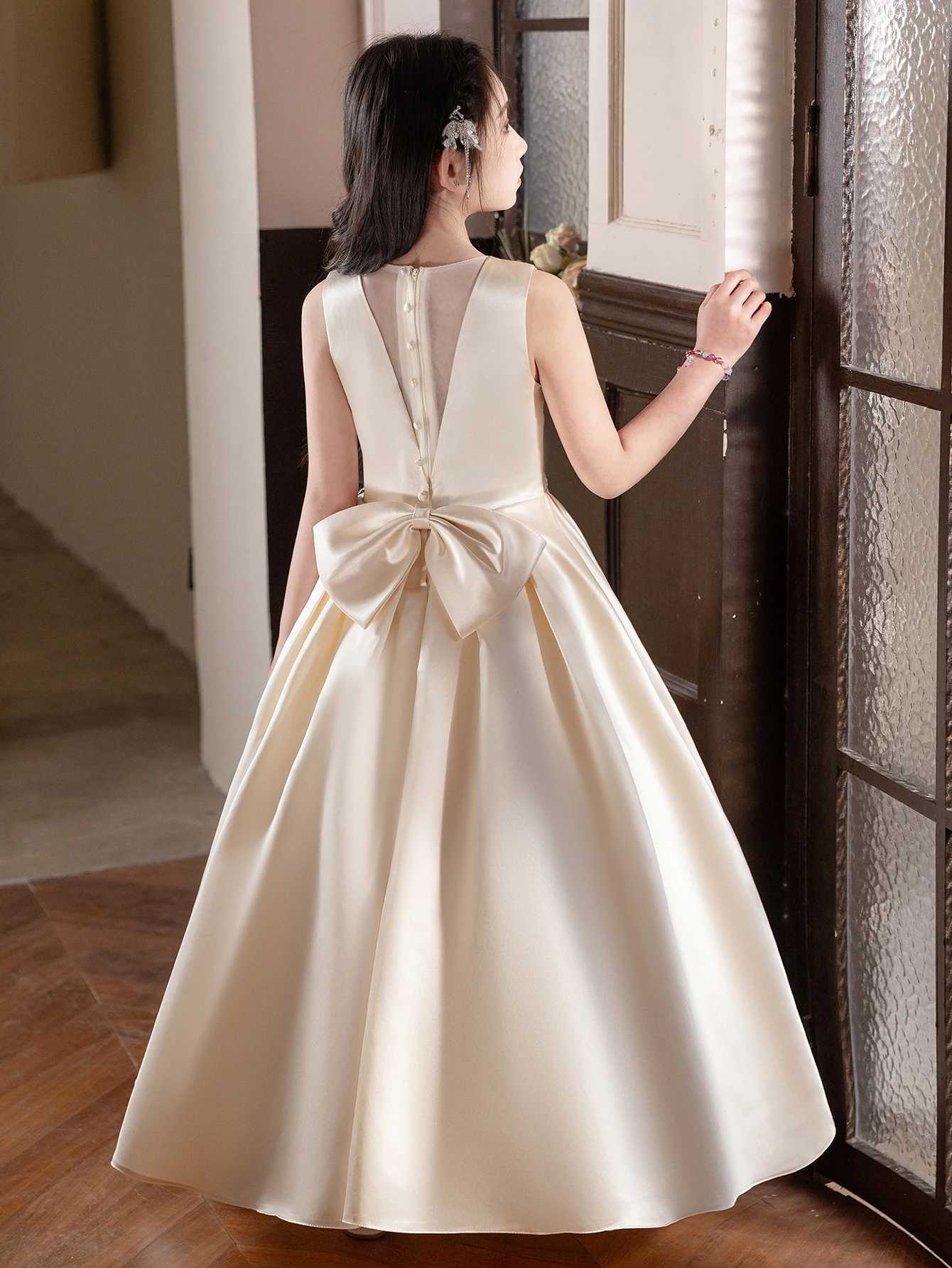 Highend Elegant Champagne Long Dress Large Bow Design for Teenagers Formal Occasions Birthday Party Wedding Bridesmaid Dress Z250926