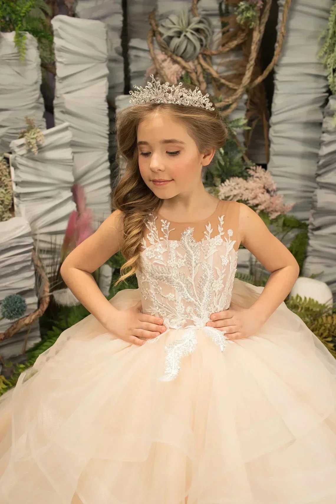 Light Champagne Flower Girl Dresses for Weddings Long Appliques Tulle Princess Birthday Party Dress Formal Evening Ball Gown Z250926