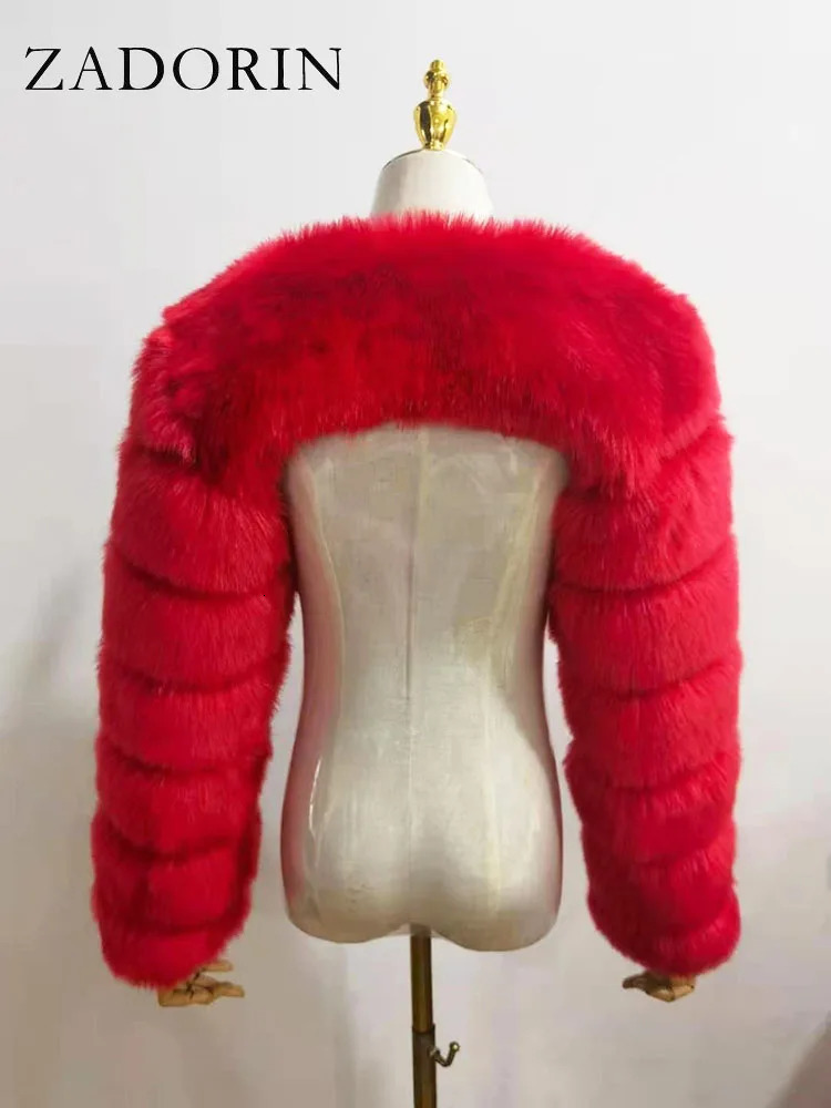 ZADORIN Autumn Winter Cropped Faux Fox Fur Coat Women Raccoon Long Sleeve Warm Fur Jackets Female Outerwear Pink Red 250922