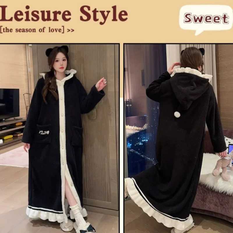Hooded Nightgowns Women Coral Fleece Nightwear Chic Homewear Panelled Korean Fashion Single Breasted Daily Winter Cozy Sleepwear Z250925