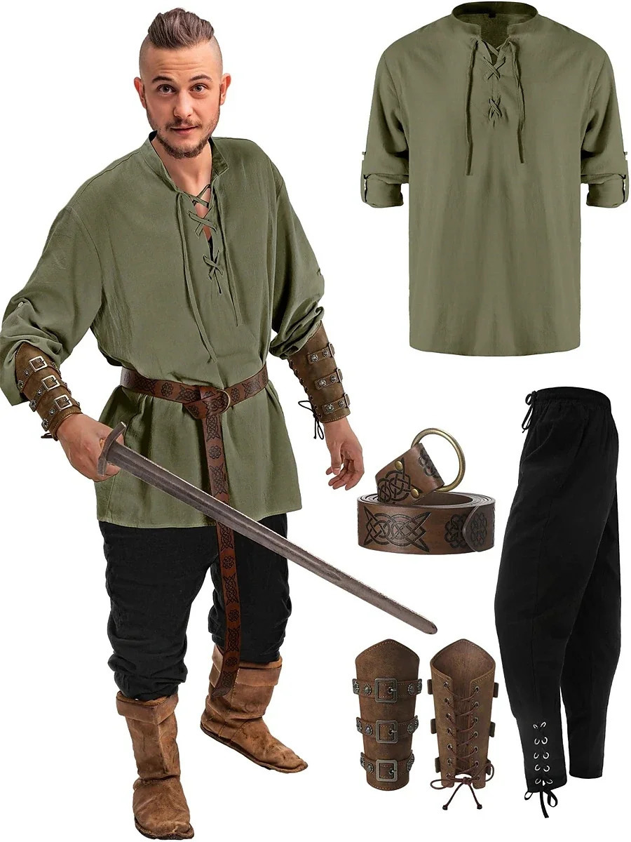 Retro Vintage Medieval Renaissance Pants Outfits Waist Belt Shirt Arm Guards Pirate Mens Cosplay Costume Halloween250920
