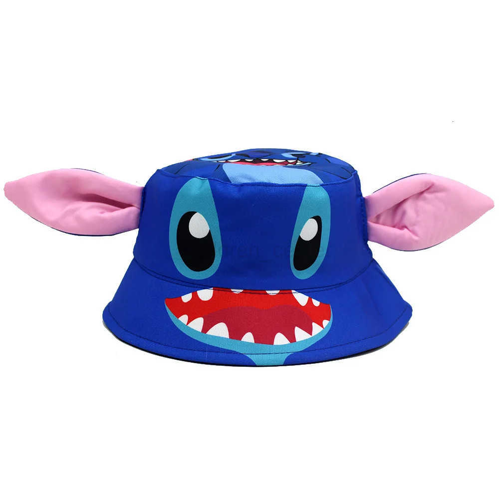 Disney Cute Stitch Pattern Kids Blue Bucket Hat Lightweight Sun Hat with Pink Large Ears Cartoon Outdoor Fisherman Cap for Boys Girls H250926