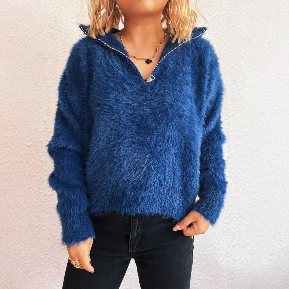 Solid Color Short Casual Turn-Down Collar Half-Zip Knitted Top Commuter Fashion Women's Sweater