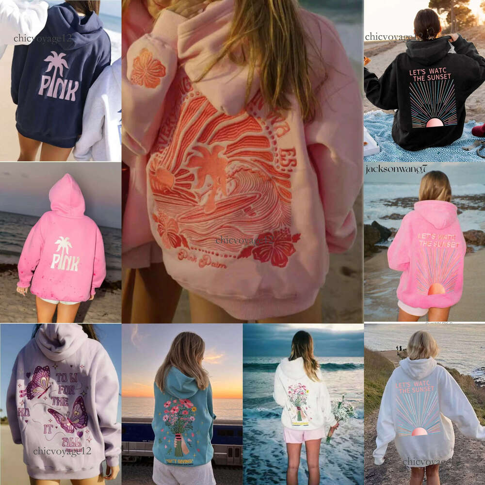 pink plam Chasing Sunsets Hoodie: pink plams Women's Pink Palm Embroidered Sweatshirt - Y2k Loose Fit Streetwear Pullover for Couples dandy hoody af8