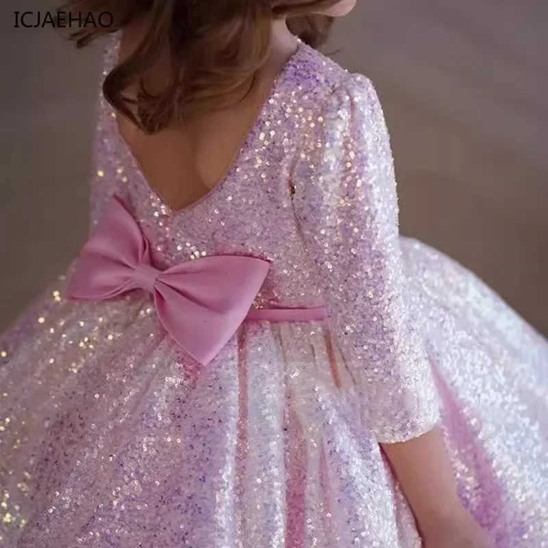 2025 New Pink Glittery Party Dress for Little Girls Puffy Tulle Girl Clothes for Eid Clothes Dresses Special Occasions Flower Z250926