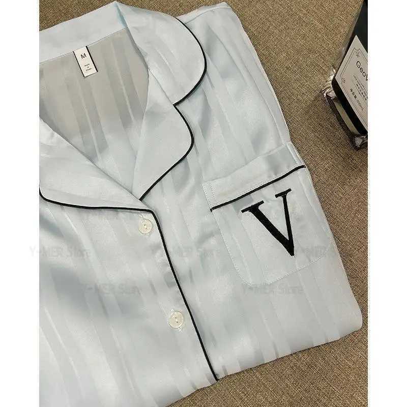 Embroider Letter Pajamas 2Pcs Loungewear Lady Soft Silk Satin Shirtpants Blue Striped Home Clothes Long Sleeve Pyjamas Femme Z250925