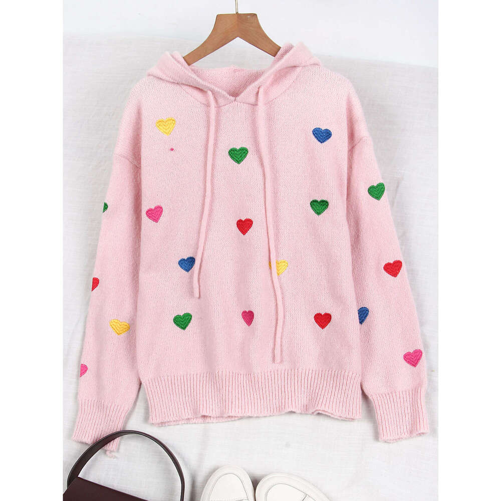 Autumn and Winter Women's Sweater Fashion Colorful Heart Jacquard Hooded Long Sleeve Knitwear