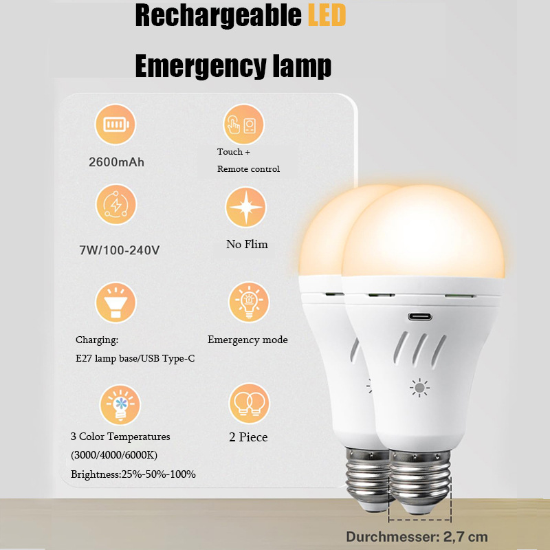 7W Rechargeable Emergency Light Bulb E27 Base-USB/220V Dual Charging Backup Emergency Light for Car/Home/Outdoor CM16
